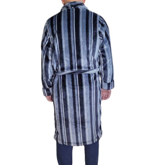 'New' Nordstrom Rack Plush Mens Robe Patterned Striped Blue/Gry Pockets Size M/L - Picture 4 of 4